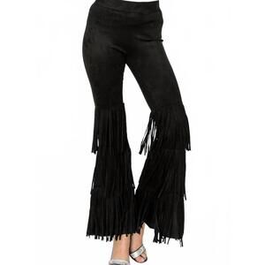 NEW VOCAL APPAREL layered fringe suede pants in black